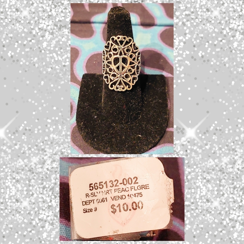 Torrid brand Small Silvertone Filigree Heart Peace Symbol Metal Ring Sz 9